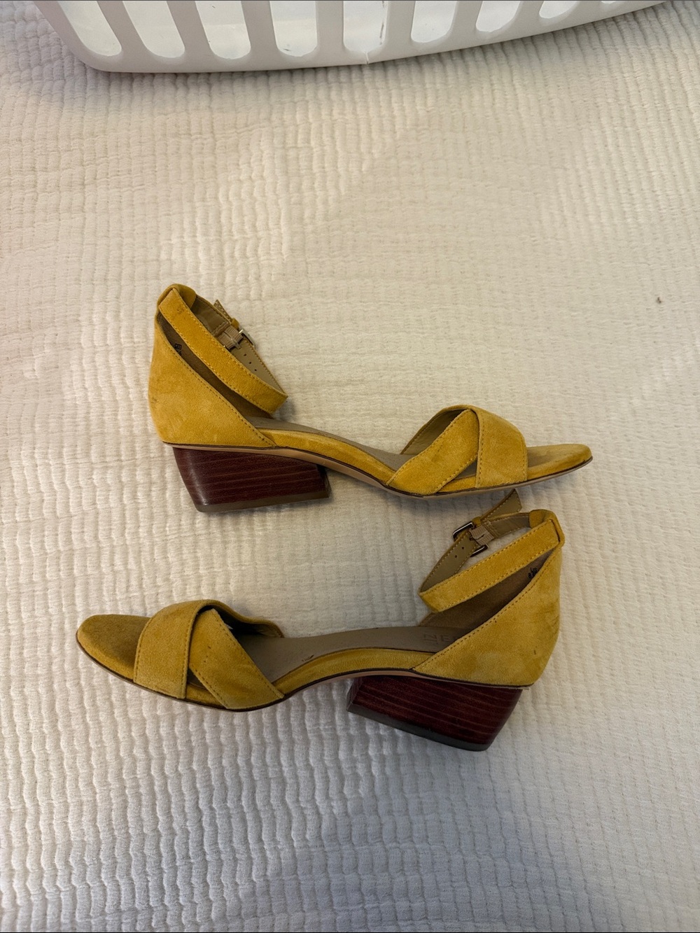 Women's Mustard Suede Low Block Heel Sandals